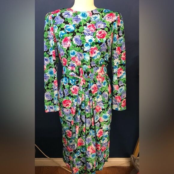 Cottage Bloom – Vintage Silky Floral Midi Dress Size M/8 (D300) - Picture 1 of 10